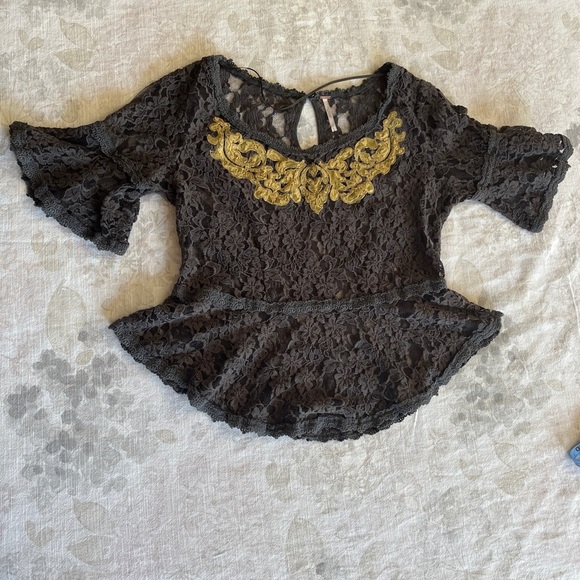 Free People Blue Gray Lace and Gold Ruffled Peplum Blouse - Picture 2 of 15